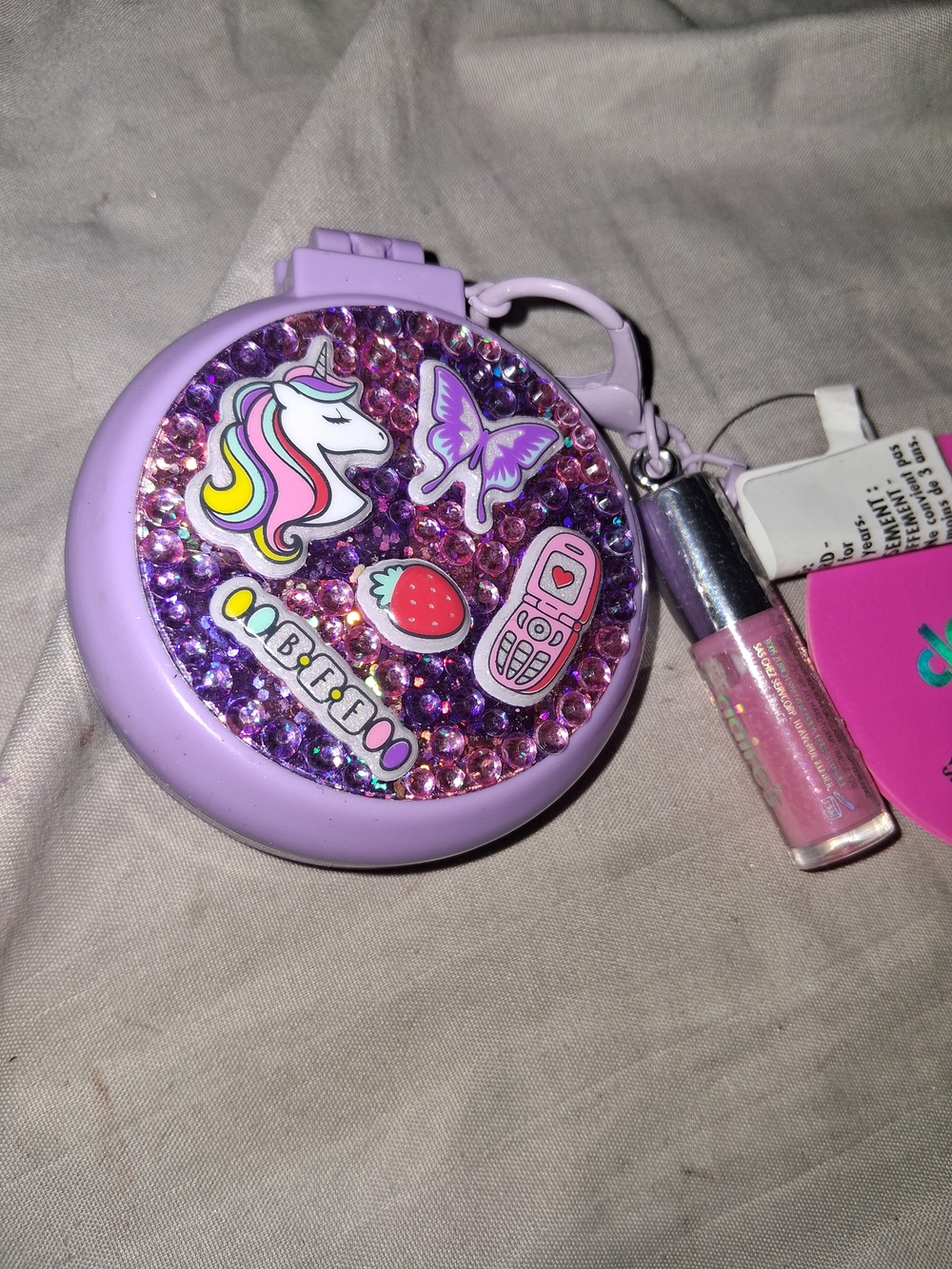 Claire's Lavender Rhinestone Foldable Brush & Compact Mirror with Unicorn Charms